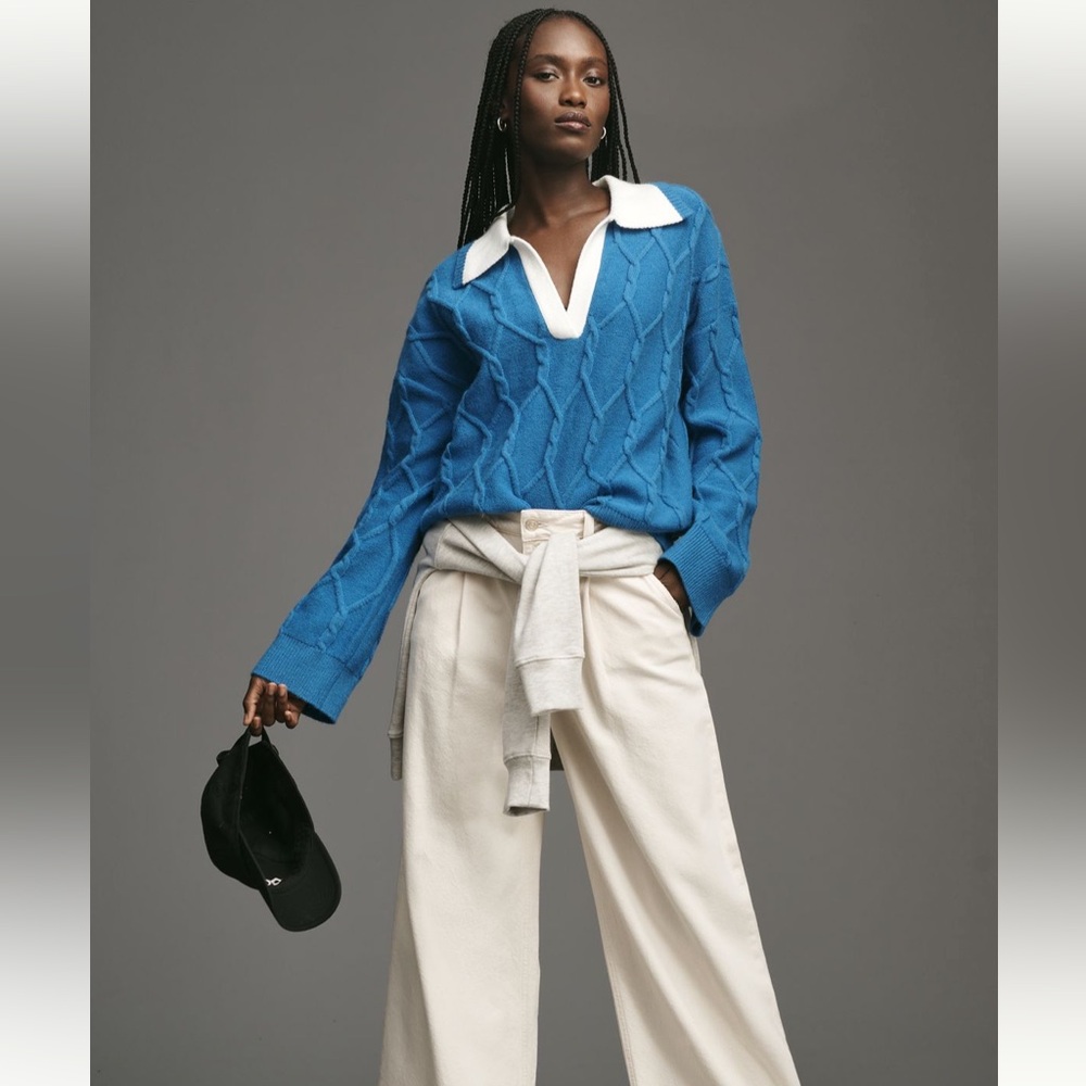 Anthropologie V-Neck Collared Blue and White Cable Sweater